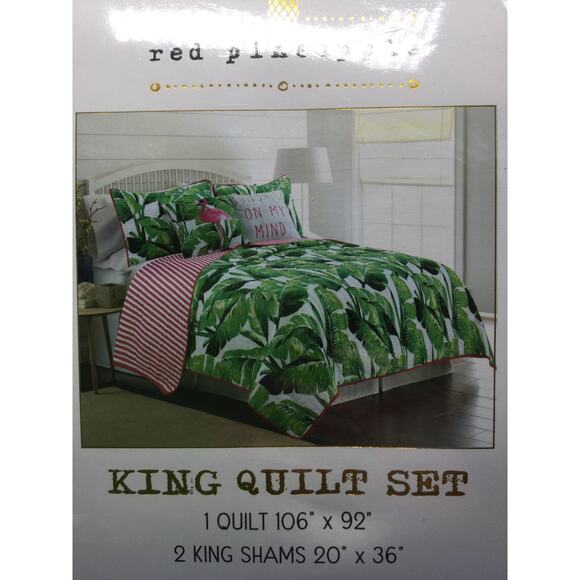 NIB Red Pineapple King Quilt Set Nosara Leaf and Pink King Quilt - Picture 4 of 8